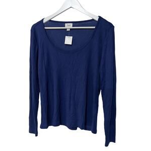 JENNI SOLID LONG-SLEEVE WAFFLE KNIT PAJAMA TOP NAVY BLUE WOMENS SMALL